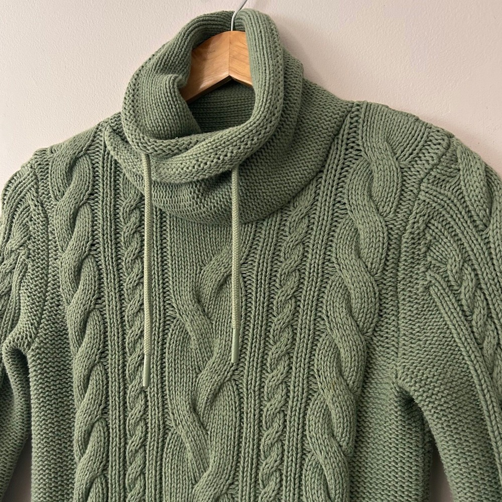 LL Bean Sweater Women's XS Green Mixed Cable Knit Double L Funnel Neck Pockets